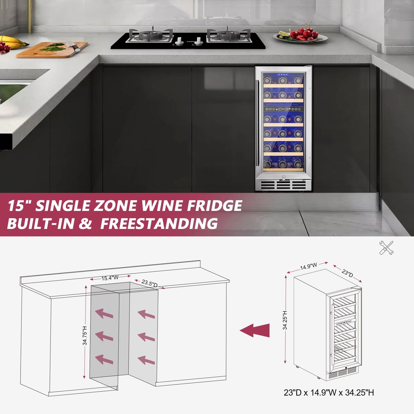 Icyglee 15" Dual Zone Wine Fridge, 30 Bottle Under Counter Cooler, Security Lock, Built-In Design