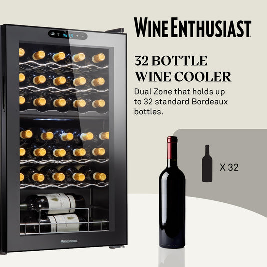 Wine Enthusiast 32-Bottle Dual Zone Compressor Wine Cooler, Digital Touchscreen, Matte Black Finish