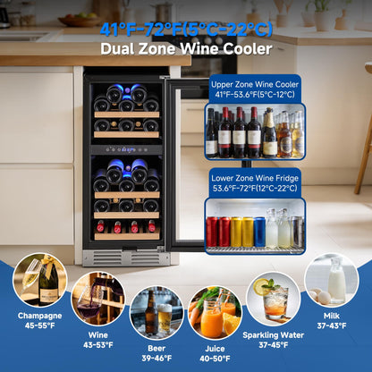 BODEGA 15" Wine Fridge, 30 Bottle Dual Zone Cooler, 41-72°F Compressor Wine Refrigerator, Built-In or Freestanding