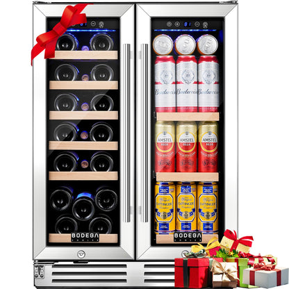 BODEGA 24" Wine & Beverage Refrigerator, Dual Zone Cooler, Holds 19 Bottles & 57 Cans, Built-In or Freestanding