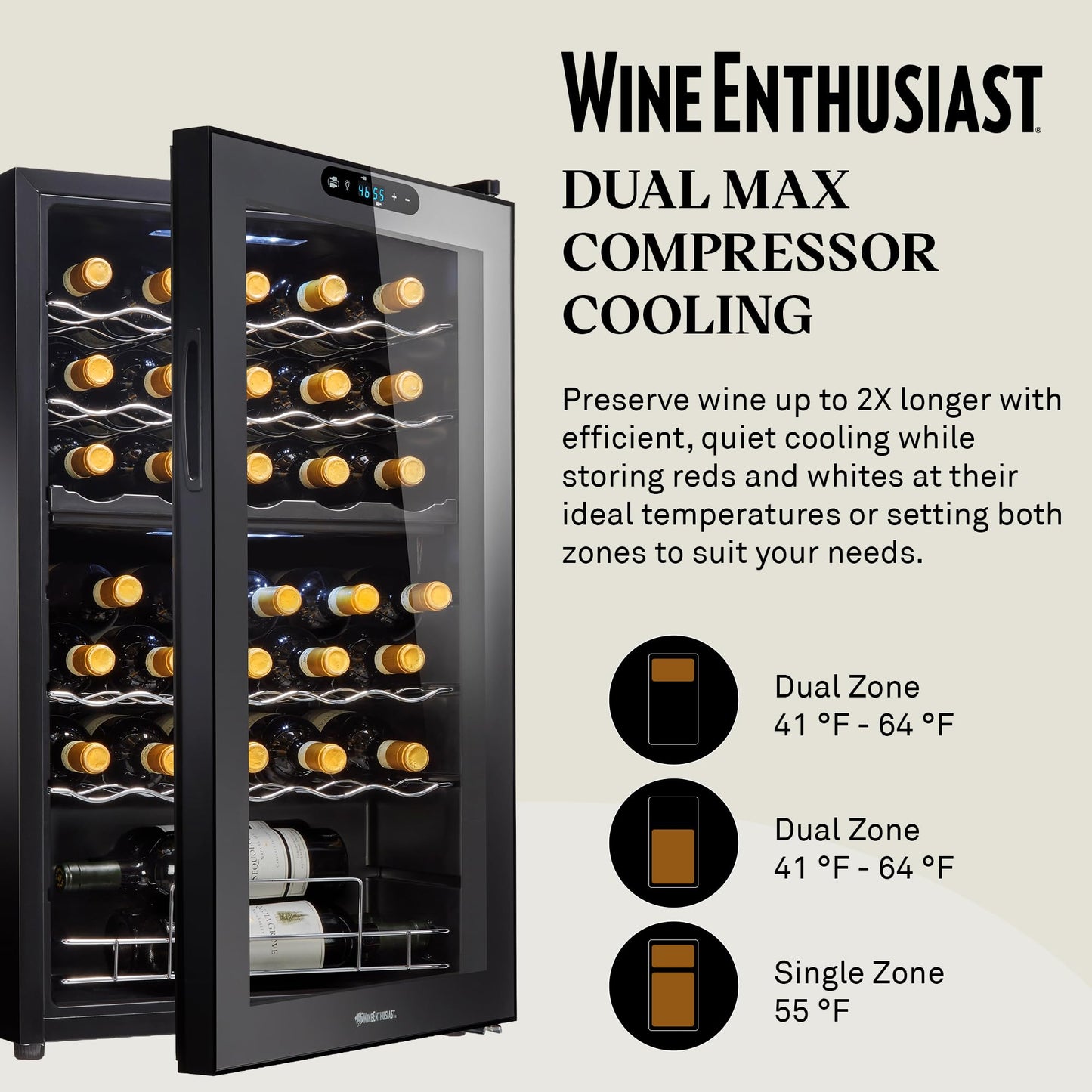 Wine Enthusiast 32-Bottle Dual Zone Compressor Wine Cooler, Digital Touchscreen, Matte Black Finish