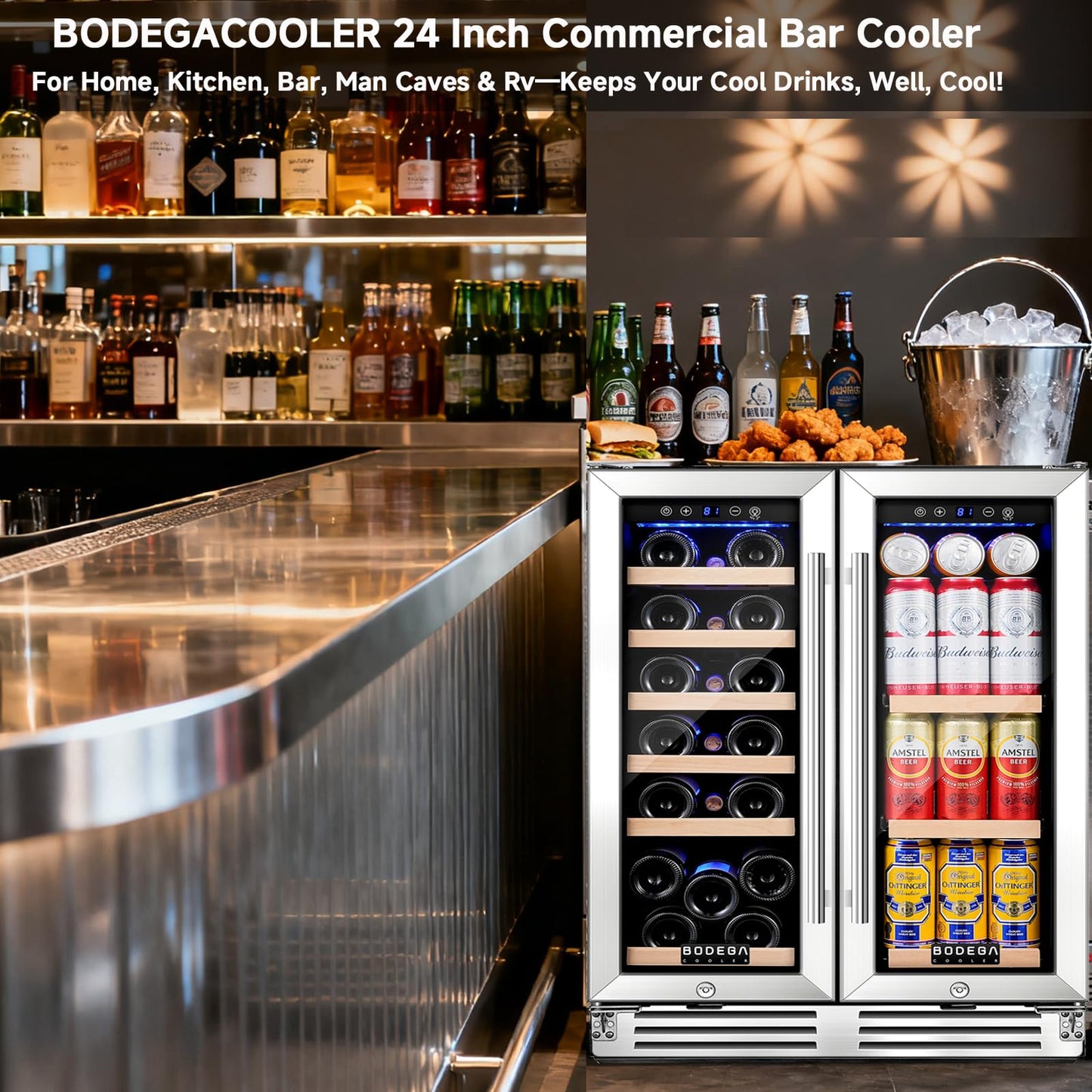 BODEGA 24" Wine & Beverage Refrigerator, Dual Zone Cooler, Holds 19 Bottles & 57 Cans, Built-In or Freestanding