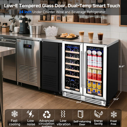 BODEGA 24" Wine & Beverage Refrigerator, Dual Zone Cooler, Holds 19 Bottles & 57 Cans, Built-In or Freestanding