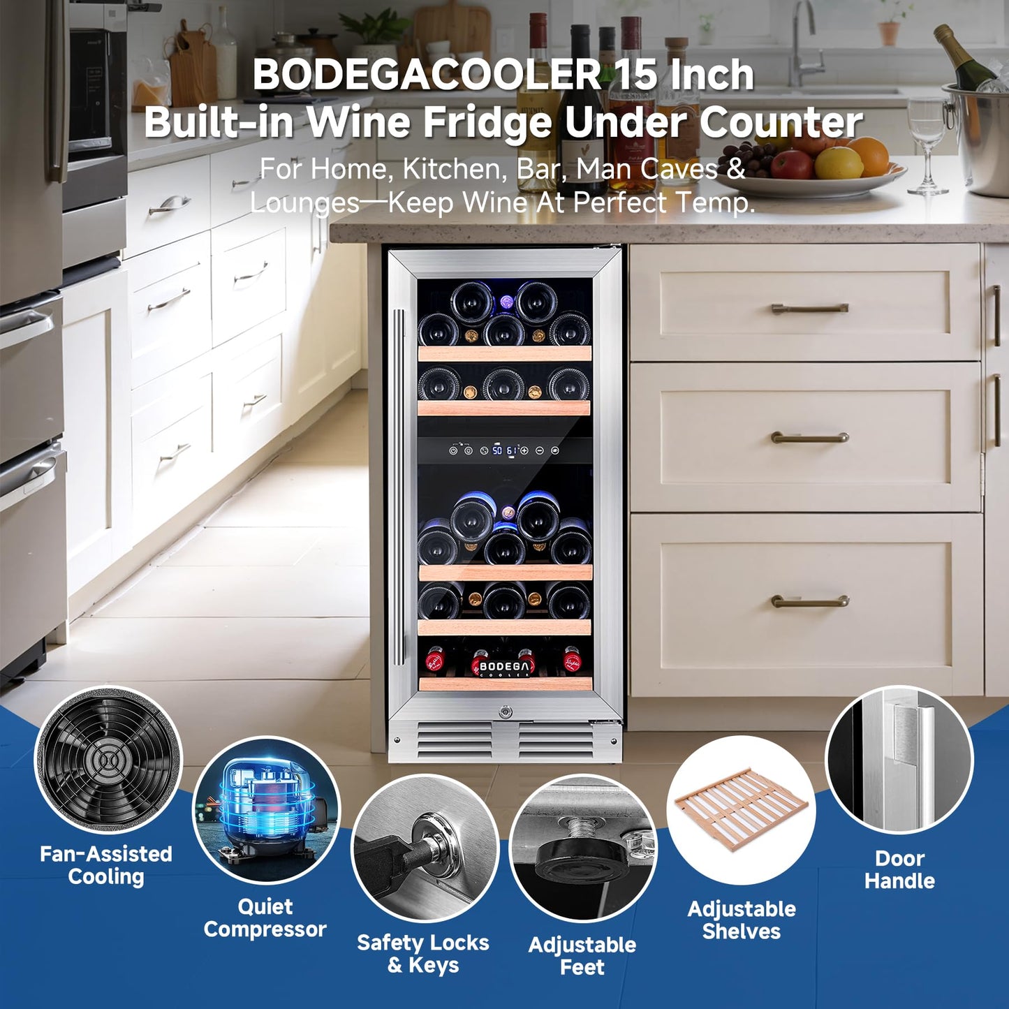 BODEGA 15" Wine Fridge, 30 Bottle Dual Zone Cooler, 41-72°F Compressor Wine Refrigerator, Built-In or Freestanding