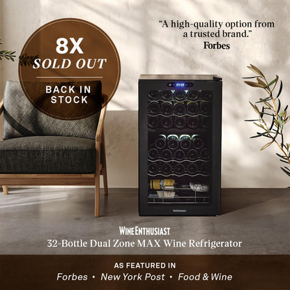 Wine Enthusiast 32-Bottle Dual Zone Compressor Wine Cooler, Digital Touchscreen, Matte Black Finish