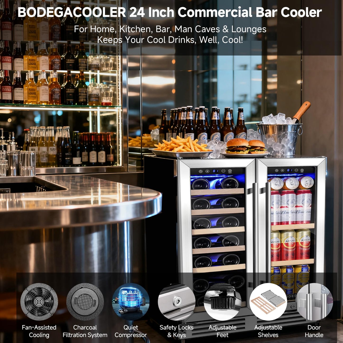 BODEGA 24" Wine & Beverage Refrigerator, Dual Zone Cooler, Holds 19 Bottles & 57 Cans, Built-In or Freestanding